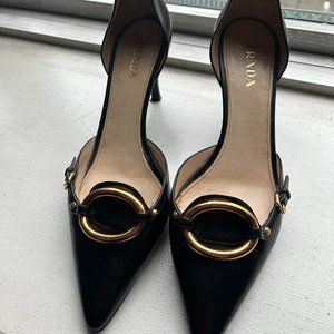 Prada Black Leather Heels with Gold Ring